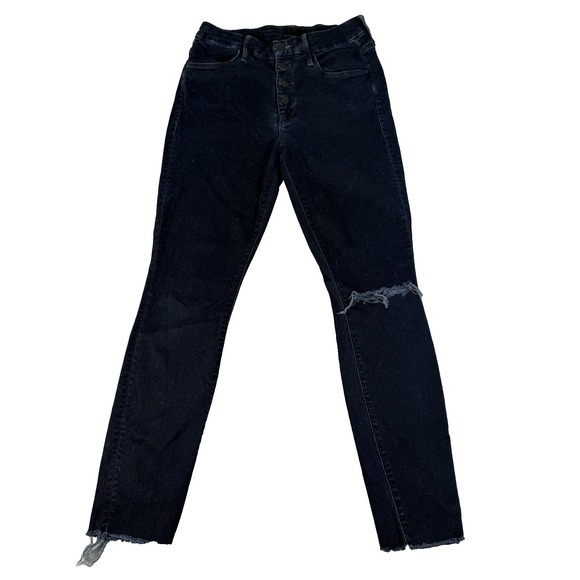 Mother Jeans Women 27 Drk Blue High Rise Skinny Distressed Frayed Hem Button Fly - Picture 1 of 8